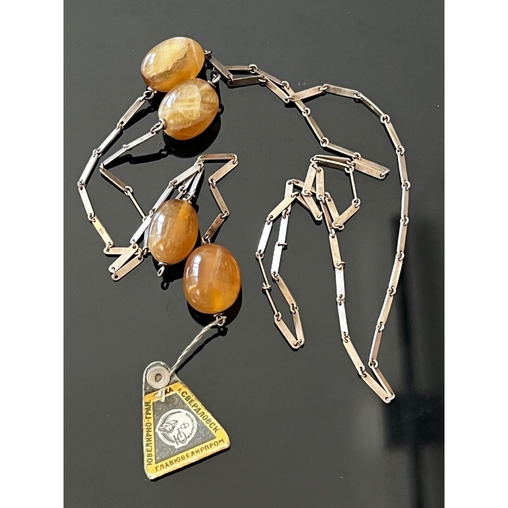 Vintage Modernist Silver 875 Lariat Necklace SARDONYX USSR Soviet Sverdlovsk 67